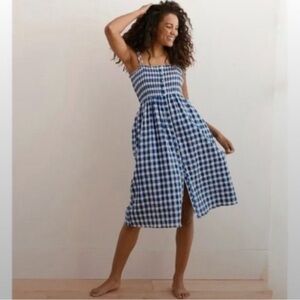 Aerie Blue White Gingham Plaid Tie Strap Sleeveless Buton Front Midi Dress